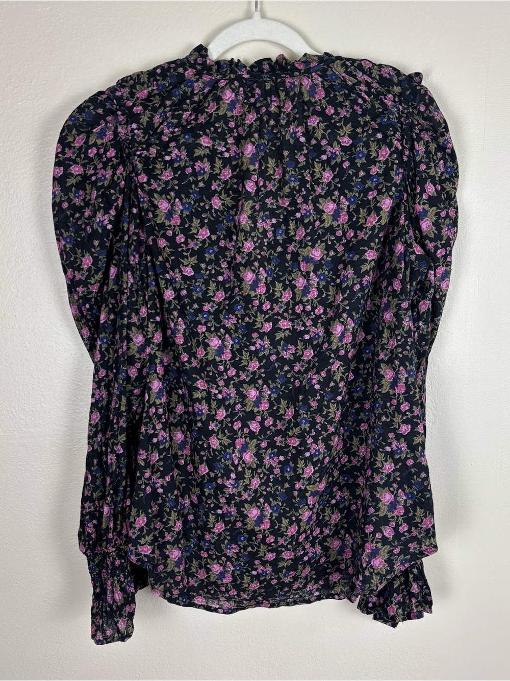 Free People Meant To Be Blouse Size L Black Floral Long Puff Sleeves Button Down - Picture 3 of 7
